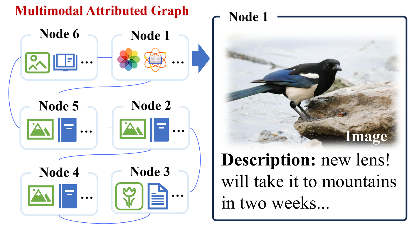 A six-node multimodal graph and an expanded node showing a bird photograph with its text description.